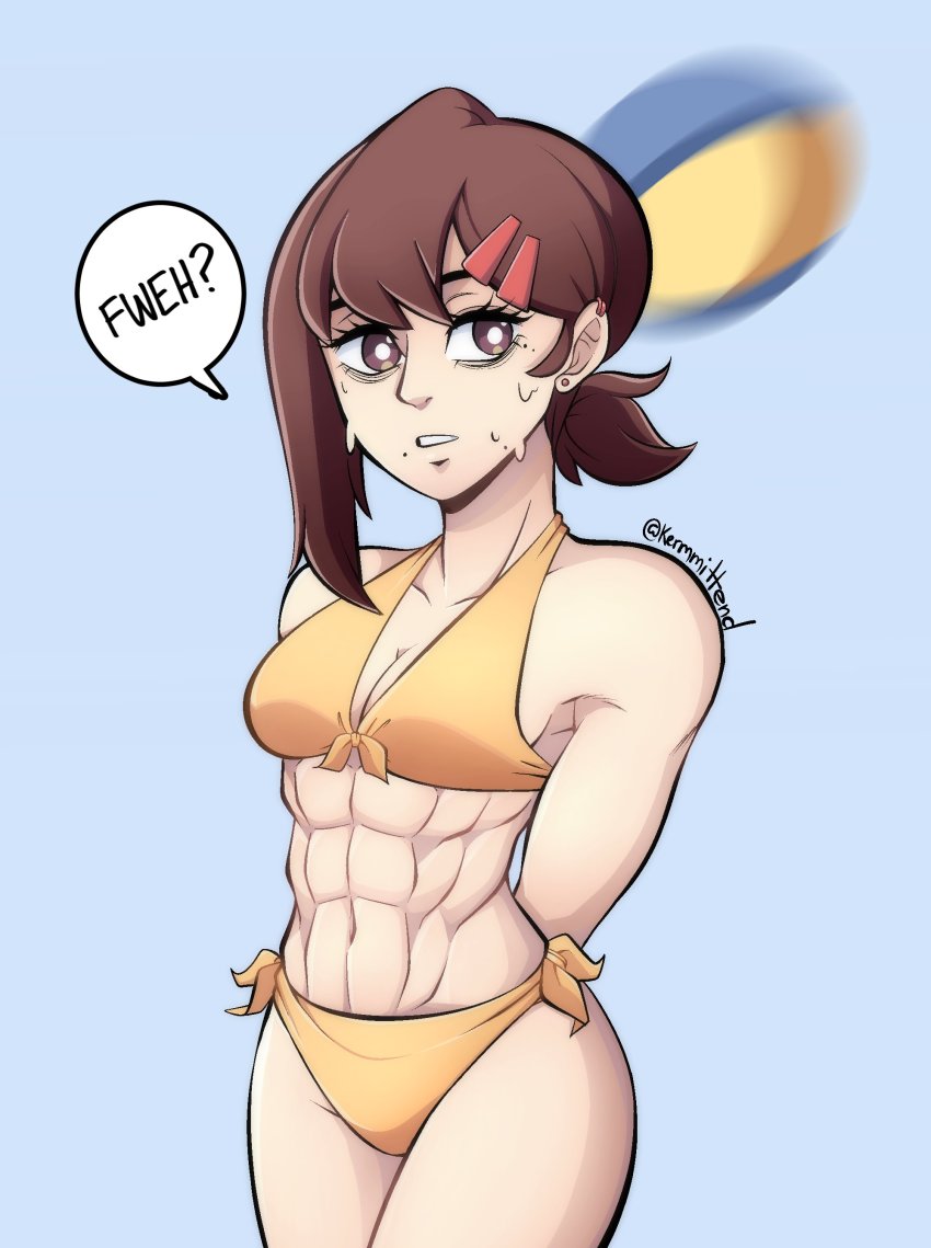 1girl abs absurdres alternate_costume ball bikini breasts brown_hair chainsaw_man embarrassed female_focus higashiyama_kobeni highres kermittend large_breasts looking_at_viewer muscular muscular_female pants shirt short_hair solo source_request speech_bubble spots sweat swimsuit volleyball volleyball_(object)