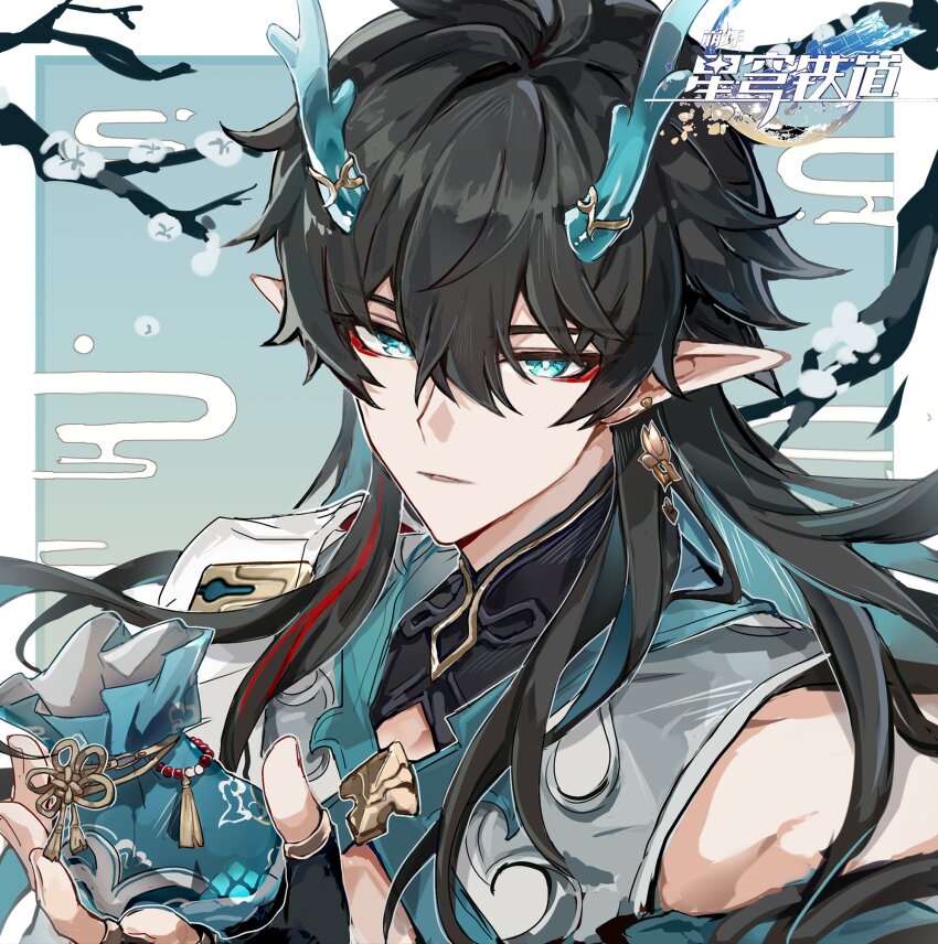 1boy black_hair chinese_clothes dan_heng_(honkai:_star_rail) dan_heng_(imbibitor_lunae)_(honkai:_star_rail) dragon_boy dragon_horns earrings eastern_dragon_horns eyeliner fingerless_gloves gloves hair_between_eyes highres honkai:_star_rail honkai_(series) horns jewelry long_hair makeup male_focus mulihaohao pointy_ears red_eyeliner solo