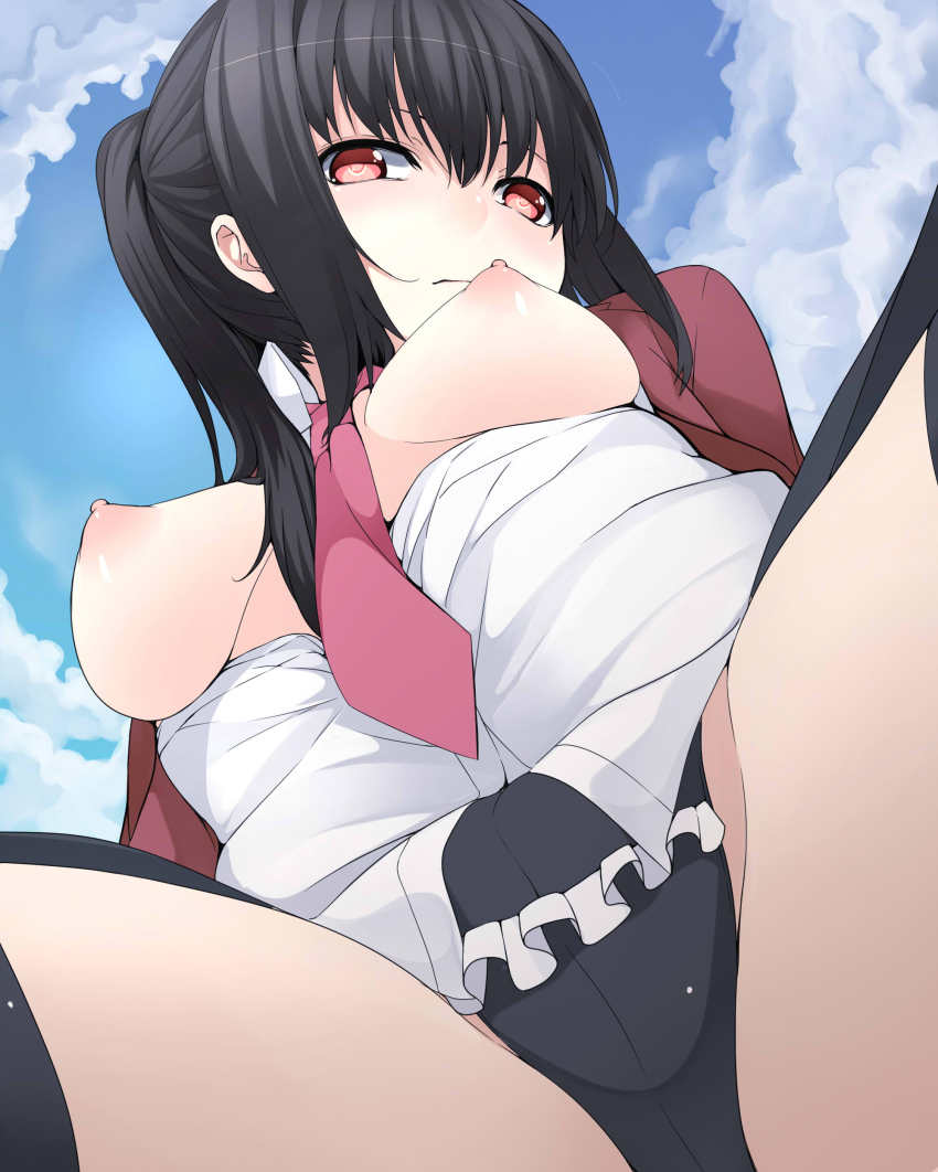 1girl absurdres belphegor_(umineko) black_hair breasts female_focus from_below highres long_hair nemu_(nebusokugimi) nipples no_naku_koro_ni_(series) ponytail red_eyes solo umineko_no_naku_koro_ni