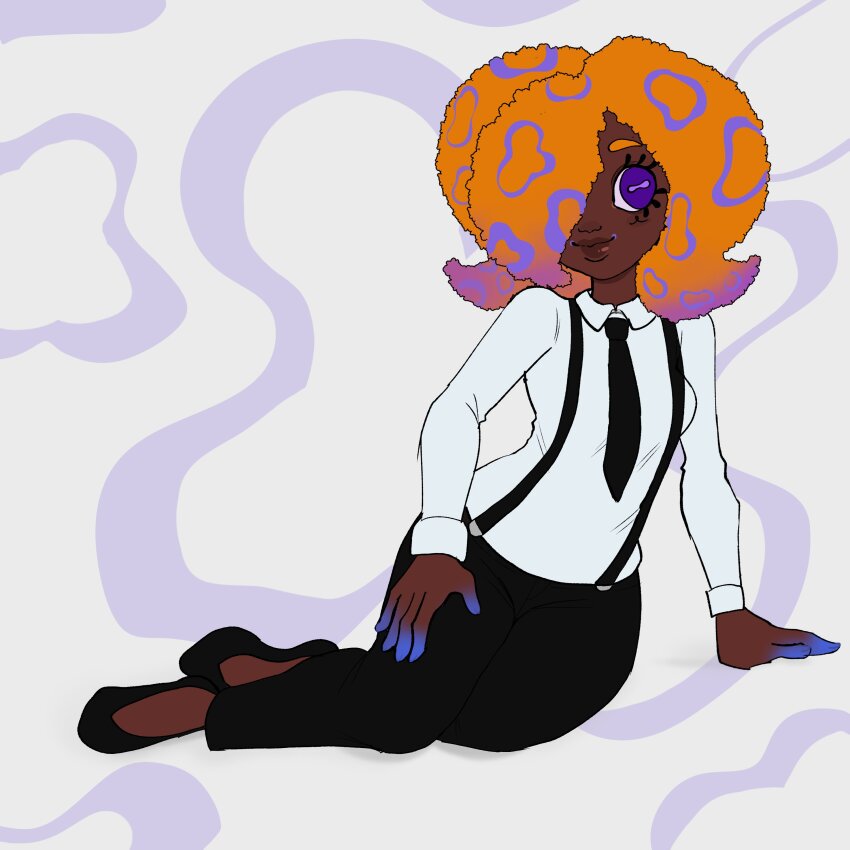 1girl abstract_background absurdres black_necktie black_pants black_shoes black_suspenders cephalopod_eyes collared_shirt dark-skinned_female dark_skin full_body gloomihearts hair_over_one_eye highres long_sleeves necktie nintendo orange_hair pants patterned_hair purple_eyes shirt shoes sitting smile solo splatoon_(series) splatoon_3 tao_blu tentacle_hair white_shirt