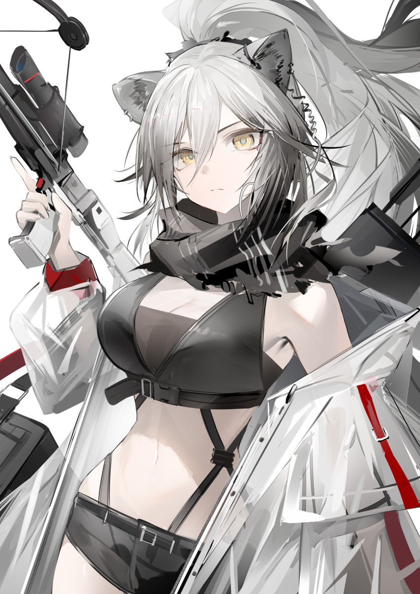1girl absurdres animal_ears arknights arrow_(projectile) bandeau bikini bikini_top_only black_bandeau black_bikini black_hair black_scarf black_shorts bow_(weapon) breasts cat_ears cat_girl chest_harness cleavage closed_mouth colored_tips commentary cowboy_shot crossbow double-parted_bangs earpiece english_commentary expressionless grey_hair hair_between_eyes harness high_ponytail highres holding holding_crossbow holding_weapon jacket long_hair looking_at_viewer luozhou_pile medium_breasts multicolored_hair navel open_clothes open_jacket ponytail quiver scarf schwarz_(arknights) scope see-through_clothes see-through_jacket short_shorts shorts simple_background solo standing stomach suspender_shorts suspenders swimsuit underbust weapon white_background white_jacket yellow_eyes