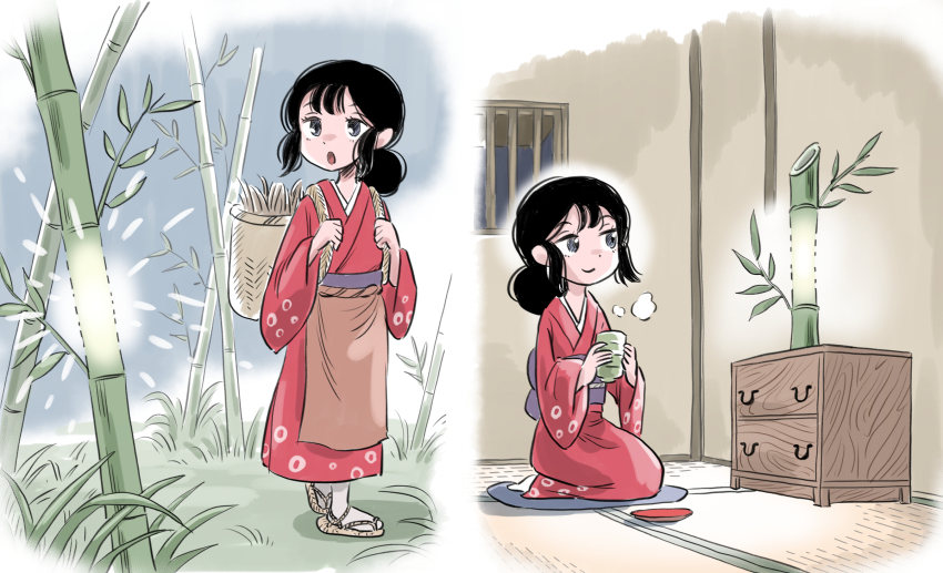 1girl bamboo bamboo_forest black_eyes black_hair blush forest grass highres holding japanese_clothes kaguya_hime kimono koonitabirako99 looking_at_another low_twintails multiple_views nature original plant potted_plant sash standing tabi taketori_monogatari tanabata tanzaku twintails