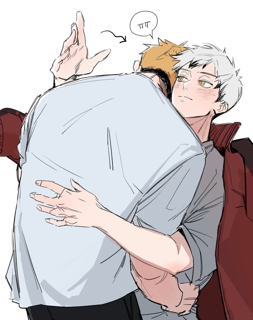 2boys arrow_(symbol) black_hair black_pants blonde_hair blush closed_mouth cookiechochop cowboy_shot grey_shirt haikyuu!! hand_on_another&#039;s_back highres jacket jacket_on_shoulders kita_shinsuke looking_at_another male_focus miya_atsumu multicolored_hair multiple_boys open_clothes open_jacket pants red_jacket shirt shirt_tucked_in short_sleeves simple_background speech_bubble two-tone_hair white_background white_hair white_shirt yaoi yellow_eyes