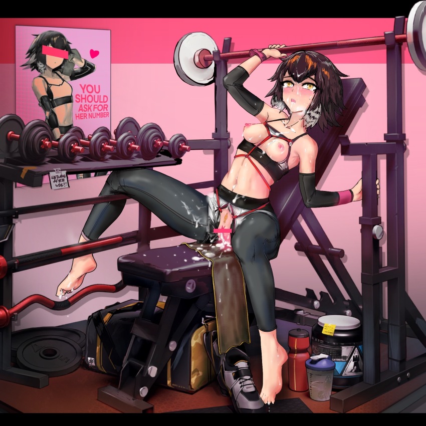 1girl aftersex arknights bar_censor barbell bare_shoulders barefoot bench_press bird_girl black_leggings blush bound breasts breasts_out brown_hair bukkake censored commentary_request compression_sleeve crop_top crotchless cum cum_in_pussy cum_on_body cum_on_feet cup dumbbell english_text facial feather_hair female_pubic_hair hair_between_eyes highres jar leggings leggings_under_shorts midriff multicolored_hair navel nippleless_clothes nipples official_alternate_costume plume_(arknights) plume_(easy_time)_(arknights) pubic_feathers pubic_hair pussy shibari shibari_over_clothes shoes short_hair small_breasts solo sports_bra unworn_shoes white_hair white_sports_bra yellow_eyes zarathuta