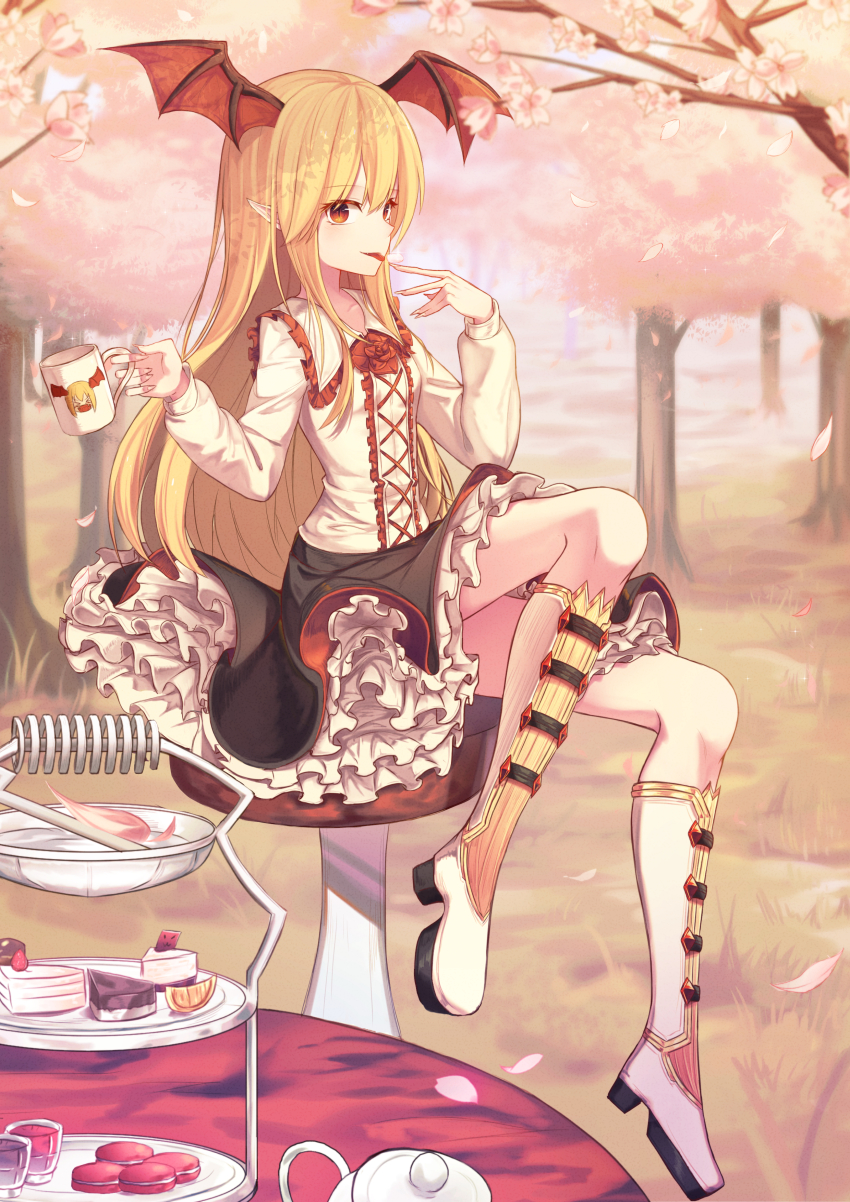 1girl absurdres bad_id bad_pixiv_id black_skirt blonde_hair boots collarbone day eating female_focus flower full_body hair_between_eyes head_wings highres holding huu_(dighapdlxm12) knee_boots layered_skirt long_hair looking_at_viewer outdoors red_eyes red_flower shadowverse shingeki_no_bahamut shirt sitting skirt smile solo tree vampy very_long_hair white_boots white_flower white_shirt wings