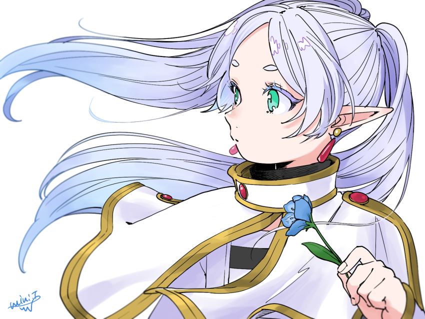 1girl earrings eyelashes flower frieren green_eyes holding holding_flower jewelry long_hair looking_to_the_side mini_(minimilk) pointy_ears signature simple_background solo sousou_no_frieren twintails upper_body white_background
