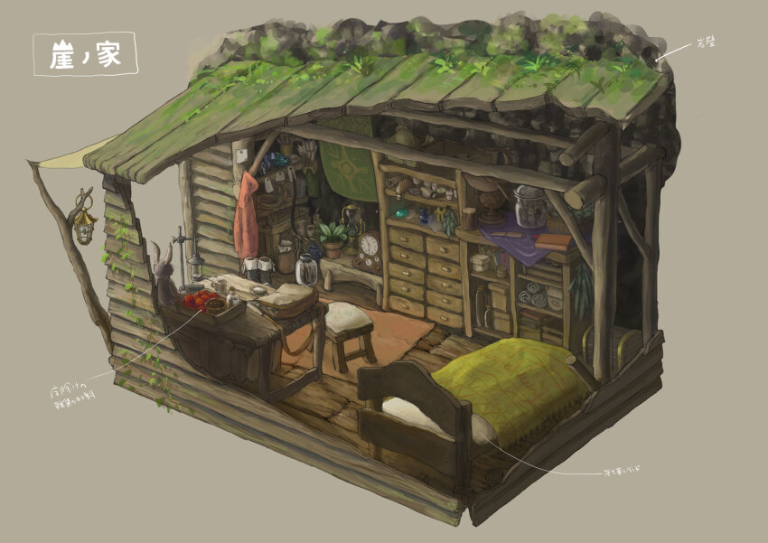 analog_clock arrow_(symbol) bed clock cross-section drawer flower_pot grey_background highres hourglass no_humans original plant poppo_sutchy potted_plant scenery simple_background stool stuffed_animal stuffed_rabbit stuffed_toy translation_request treasure_chest