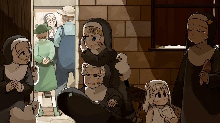 1boy 6+girls :d aged_down bandaid bandaid_on_face bird black_hair blonde_hair blue_eyes blue_overalls blue_shirt bunny_nun_(diva) chicken closed_eyes commentary diva_(hyxpk) duck english_commentary freckles freckles_nun_(diva) froggy_nun&#039;s_father_(diva) froggy_nun&#039;s_mother_(diva) glasses green_hat green_skirt green_sweater grey_hair habit hair_ornament hat highres la_chancla leaf_nun_(diva) little_nuns_(diva) mother_superior_(diva) multiple_girls nun open_mouth overalls rabbit_hair_ornament round_eyewear shirt skirt slice_of_life smile smug_nun_(diva) star_nun_(diva) star_ornament strict_nun_(diva) sweater traditional_nun