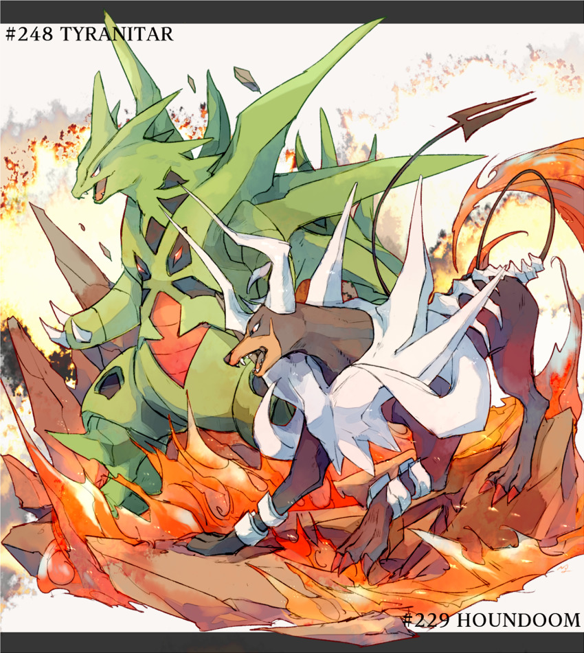 character_name claws commentary_request fangs gen_2_pokemon highres houndoom mega_houndoom mega_pokemon mega_tyranitar nigiri_(ngr24) nintendo no_humans open_mouth pokedex_number pokemon pokemon_(creature) standing tongue tyranitar