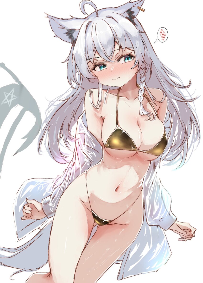 1girl animal_ears bikini blue_eyes breasts cowboy_shot fox_ears fox_girl fox_tail gold_bikini golden_week golden_week_bikini highres hololive long_hair medium_breasts shirakami_fubuki simple_background solo spoken_blush swimsuit tail tazrn1 virtual_youtuber white_background white_hair