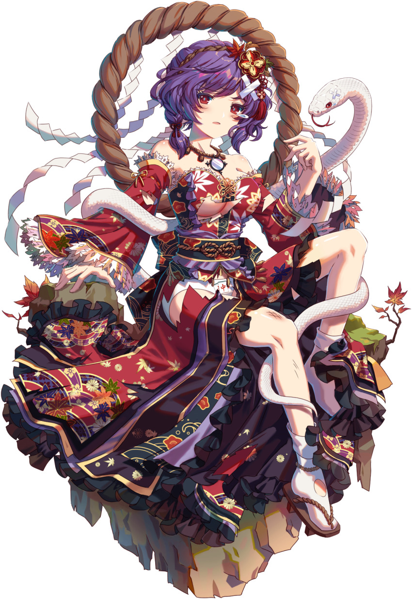 1girl adapted_costume breasts brown_footwear cleavage crossed_bandaids detached_sleeves floral_print frilled_kimono frills full_body game_cg geta highres injury japanese_clothes jewelry kimono kumio large_breasts leaf_print mahjong mahjong_print mirror necklace non-web_source panties purple_hair red_kimono red_sleeves rope shimenawa short_hair sitting snake socks solo tachi-e teardrop torn_clothes torn_kimono torn_sleeves torn_socks touhou touhou_blooming_chaos underwear white_panties white_snake white_socks yasaka_kanako