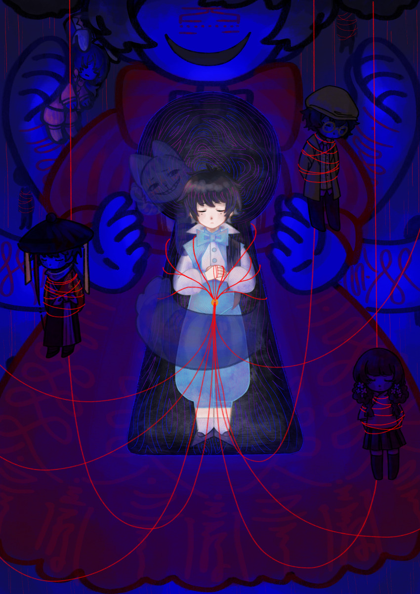 2girls 4boys absurdres ajirogasa animal_ears animalization black_hair black_hat black_pants black_skirt black_thighhighs blue_bow blue_bowtie blue_pants bow bowtie braid braided_hair_rings brown_hat brown_jacket cen_boyao chinese_commentary closed_eyes closed_mouth commentary_request flower hair_flower hair_ornament hair_rings hands_on_own_stomach hat highres huayangshan_jishi jacket li_yuting_(male) liang_yanmei long_sleeves male_focus mo_chengwei mole mole_under_each_eye mole_under_eye multiple_boys multiple_girls multiple_moles open_clothes open_jacket open_mouth own_hands_together pants pink_shirt pink_shorts pleated_skirt rabbit_ears shirt shorts skirt smile socks thighhighs tong_lingshen touqi_guaitan white_flower white_shirt white_socks youyushi ziche_fuzhao