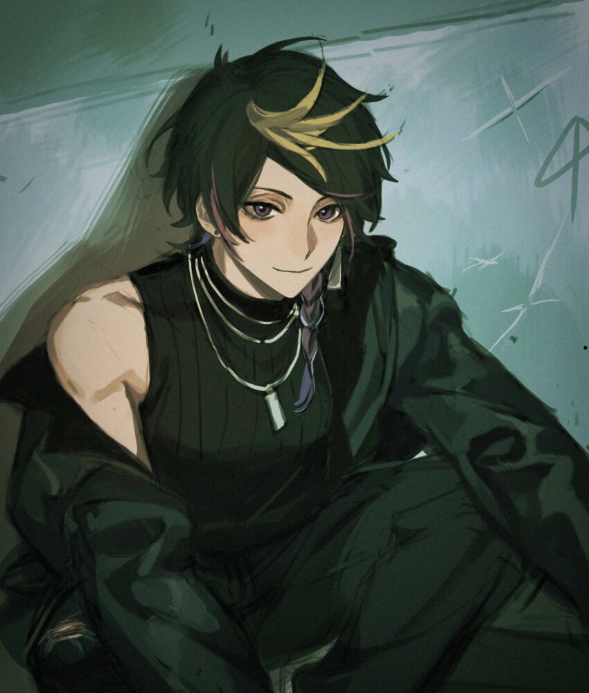 1boy arm_on_knee black_hair black_jacket black_pants black_shirt blonde_hair braid closed_mouth commentary concrete earrings feet_out_of_frame hashtag-only_commentary highres jacket jacket_partially_removed jewelry long_sleeves looking_ahead male_focus multicolored_hair multiple_necklaces necklace nijisanji nijisanji_en outstretched_arm pants parted_bangs piercing pink_hair purple_eyes shadow shirt shu_yamino side_braid single_braid sis0nek sleeveless sleeveless_turtleneck smile squatting streaked_hair stud_earrings turtleneck virtual_youtuber