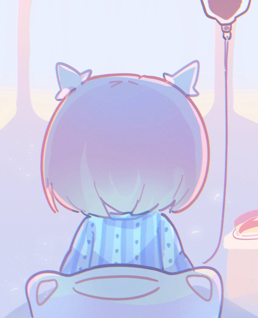 1girl absurdres apple apple_rabbit apple_slice bed food food_art from_behind fruit goddess_of_victory:_nikke hair_ornament headgear highres hospital hospital_bed hospital_gown intravenous_drip iv_stand looking_afar mming_(mmingis18) noah_(nikke) pink_hair short_hair sky solo spoilers