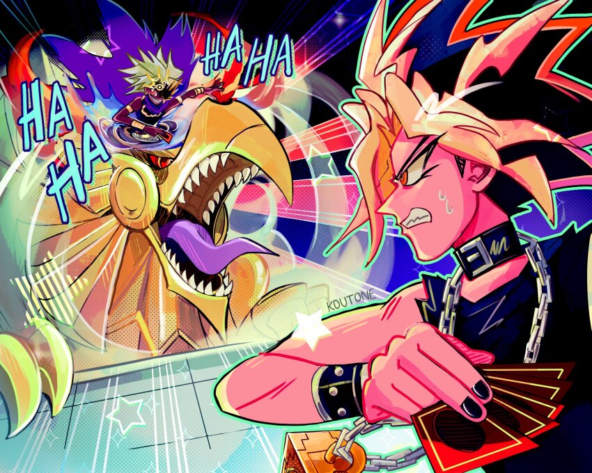 black_hair black_nails black_tank_top blonde_hair bracelet cape card chain clenched_teeth collar dragon eye_of_horus highres holding holding_card jewelry koutone9 laughing millennium_puzzle multicolored_hair non-humanoid_robot red_hair robot robot_dragon spiked_hair sweat tank_top teeth the_winged_dragon_of_ra tongue white_hair yami_marik yami_yugi yu-gi-oh! yu-gi-oh!_duel_monsters
