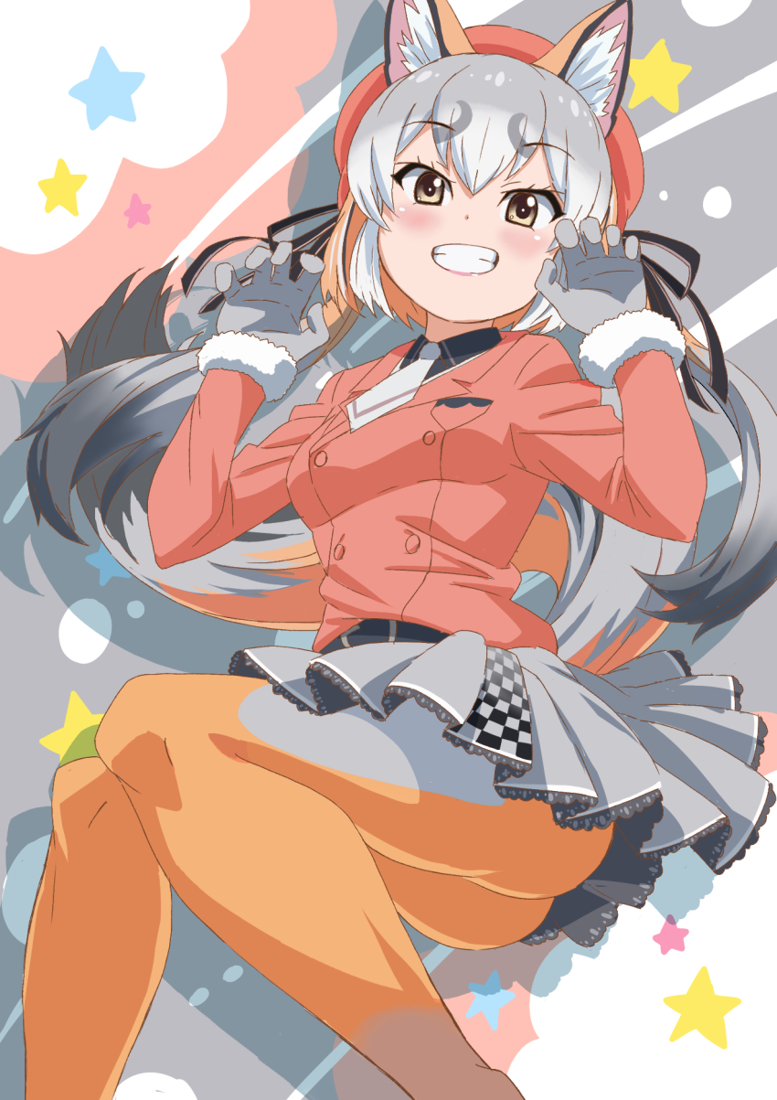 1girl animal_ears beret black_shirt blush claw_pose commentary_request fox_ears fox_girl fox_tail fur_trim gloves grey_fur grey_gloves grey_hair grey_necktie grey_pantyhose grey_skirt hat highres island_fox_(kemono_friends) jacket kemono_friends kemono_friends_v_project long_hair long_sleeves looking_at_viewer multicolored_hair necktie official_alternate_costume orange_hair orange_hat orange_jacket orange_pantyhose pantyhose pleated_skirt shirt skirt solo tail twintails two-tone_legwear virtual_youtuber white_hair yamaguchi_yoshimi yellow_eyes