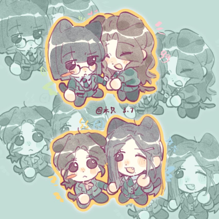 ... 4girls :&lt; ;d ^^^ animal_ears animification black_hair blazer blush blush_stickers bob_cut brown_hair cat_ears cat_tail chibi chibi_only choi_kyung closed_mouth collared_shirt commentary dated dog_ears dog_tail dress_shirt fang friendly_rivalry glasses grabbing_another&#039;s_hand green_background green_jacket green_skirt green_vest hair_over_eyes heart highres jacket joo_ye-ri kemonomimi_mode long_hair long_sleeves looking_at_another looking_at_viewer mole mole_under_eye multiple_girls multiple_views nose_blush notice_lines one_eye_closed open_clothes open_jacket open_mouth orange_outline outline parted_bangs raised_eyebrow round_eyewear school_uniform shirt short_hair signature skirt smile spoken_ellipsis standing straight_hair symbol-only_commentary tail vest white_shirt woo_seul-gi woodonly yoo_je-i