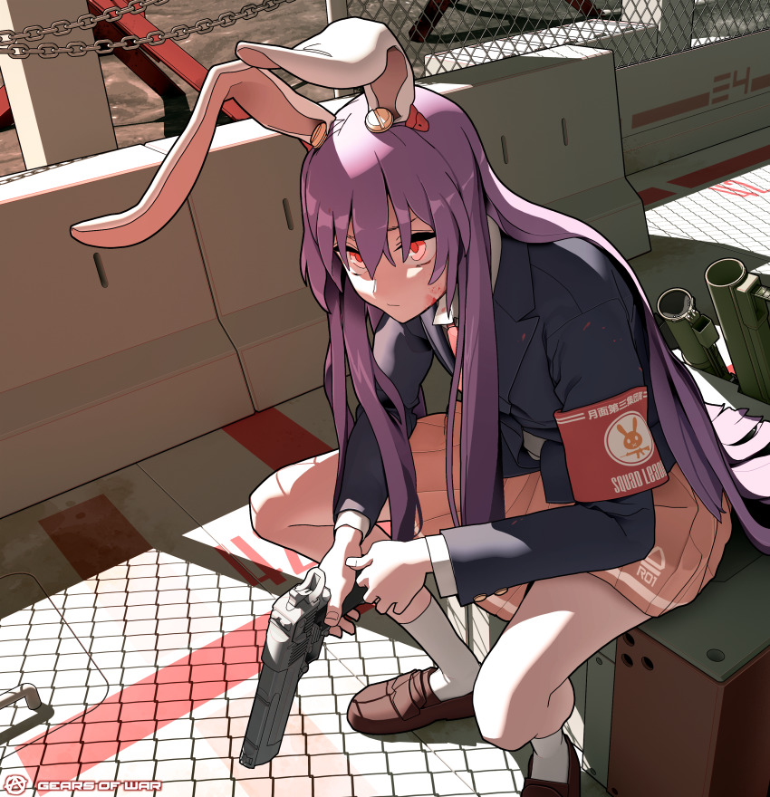 1girl absurdres animal_ears blazer chain circle_a expressionless eyebrows_hidden_by_hair gears_of_war gun highres jacket light long_hair long_sleeves looking_ahead necktie purple_hair rabbit_ears red_eyes reisen_udongein_inaba rocket_launcher shadow shoes skirt solo touhou very_long_hair weapon white_legwear