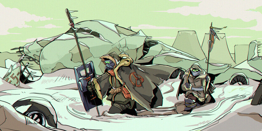 2others aircraft airplane ambiguous_gender black_gloves chromatic_aberration cloud coat day fur-trimmed_coat fur-trimmed_hood fur-trimmed_sleeves fur_trim gas_mask gloves goggles green-tinted_eyewear green_jacket green_sky grey_coat highres holding holding_shield hood hood_up ice iwse_zhang jacket jet_airliner long_sleeves mask multiple_others original outdoors pouch shield sky snow tinted_eyewear torn_clothes torn_coat walking winter_clothes wreckage