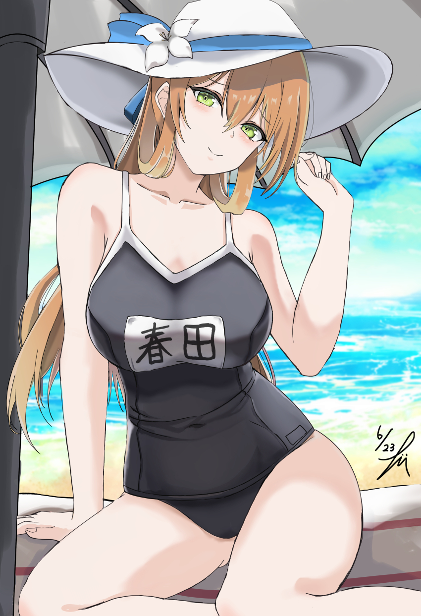1girl absurdres beach blush breasts brown_hair dated day girls&#039;_frontline green_eyes hair_between_eyes hair_ribbon hat highres large_breasts long_hair looking_at_viewer outdoors parasol ribbon sand school_swimsuit sitting smile springfield_(girls&#039;_frontline) sun_hat swimsuit takumi_munato towel umbrella wariza water