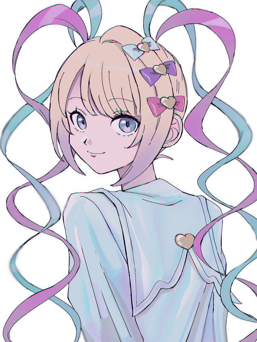 1girl arms_behind_back blonde_hair blue_eyes blue_shirt chouzetsusaikawa_tenshi-chan closed_mouth commentary_request eyelashes highres long_hair looking_at_viewer looking_back needy_girl_overdose quad_tails sailor_collar shirt short_hair simple_background smile solo upper_body usa_(kawaii_152cm) white_background