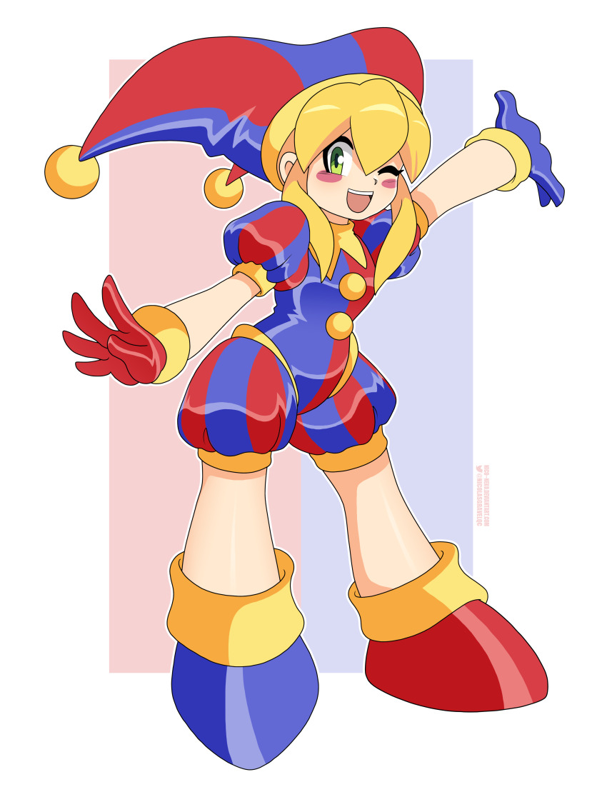 1girl ;d absurdres arm_up asymmetrical_footwear asymmetrical_gloves blonde_hair blue_background blue_bodysuit blue_gloves blue_hat blush blush_stickers bodysuit border commentary cosplay deviantart_username english_commentary full_body gloves green_eyes hair_between_eyes happy hat hat_bell highres jester jester_cap jester_costume long_hair looking_at_viewer mega_man_(classic) mega_man_(series) multicolored_hat nico-neko one_eye_closed open_hands open_mouth pink_background pomni_(the_amazing_digital_circus) pomni_(the_amazing_digital_circus)_(cosplay) puffy_short_sleeves puffy_sleeves red_bodysuit red_gloves red_hat roll_(mega_man) short_sleeves smile solo striped_clothes striped_headwear the_amazing_digital_circus twitter_username two-tone_background two-tone_bodysuit two-tone_hat vertical-striped_bodysuit vertical-striped_clothes vertical-striped_headwear white_border wrist_cuffs yellow_collar yellow_trim yellow_wrist_cuffs