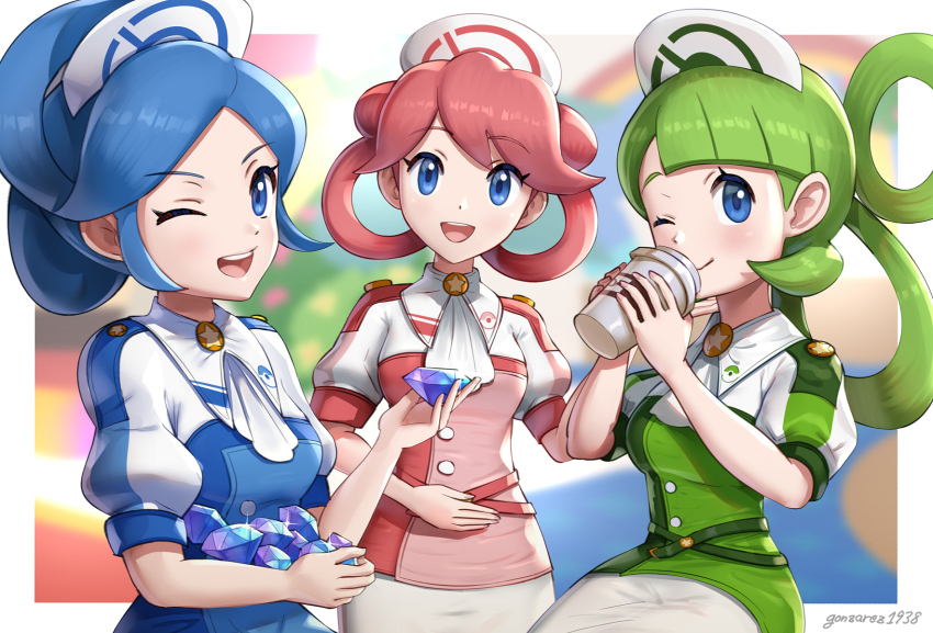 3girls :d ;) ;d ascot blue_eyes blue_hair blurry blurry_background breasts buttons commentary_request cowboy_shot cup disposable_cup employee_uniform gem gonzarez green_hair hair_bun hair_rings hat highres holding holding_cup holding_gem long_hair looking_at_viewer medium_breasts multiple_girls nintendo nurse_cap one_eye_closed open_mouth pink_hair poke_ball_print pokemon pokemon_masters_ex puffy_short_sleeves puffy_sleeves short_sleeves siblings sidelocks signature single_hair_bun sisters sitting skirt smile standing swept_bangs teeth tricia_(pokemon) trinnia_(pokemon) trista_(pokemon) twintails upper_teeth_only white_skirt