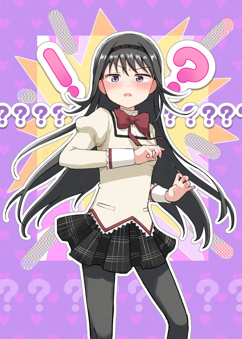 !? 1girl akemi_homura asukaru_(magika_ru) black_hair black_hairband black_pantyhose black_skirt blush bow bowtie commentary feet_out_of_frame hairband highres juliet_sleeves long_hair long_sleeves looking_at_viewer mahou_shoujo_madoka_magica mahou_shoujo_madoka_magica_(anime) mitakihara_school_uniform open_mouth outline pantyhose plaid_clothes plaid_skirt pleated_skirt puffy_sleeves purple_background purple_eyes red_bow red_bowtie school_uniform shirt skirt solo standing symbol-only_commentary v-shaped_eyebrows white_outline yellow_shirt