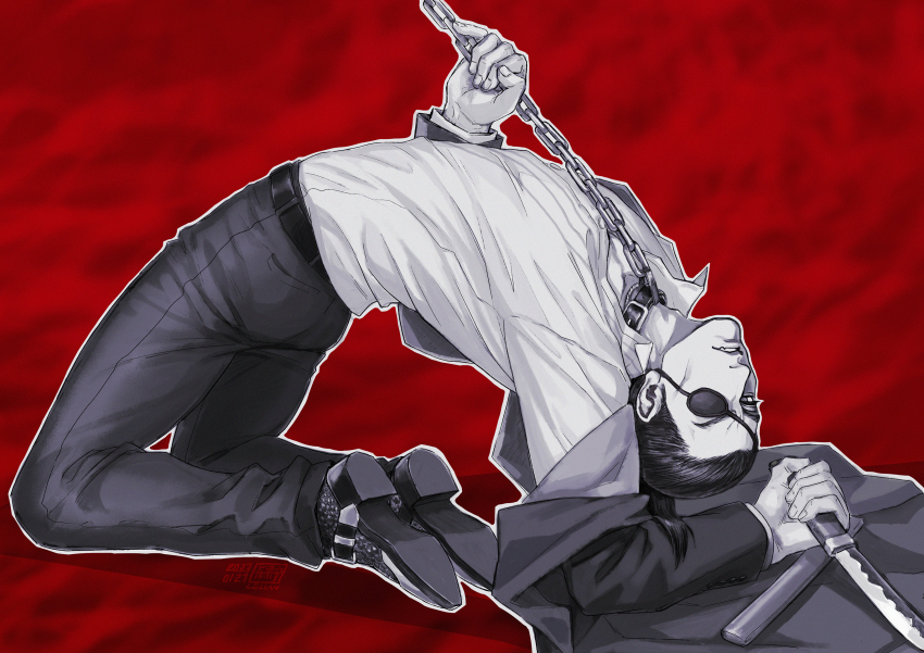 1boy chain chain_leash eyepatch highres le_li_an leash looking_at_viewer majima_goro male_focus ryuu_ga_gotoku_(series) short_sword sword tagme tantou unsheathed weapon
