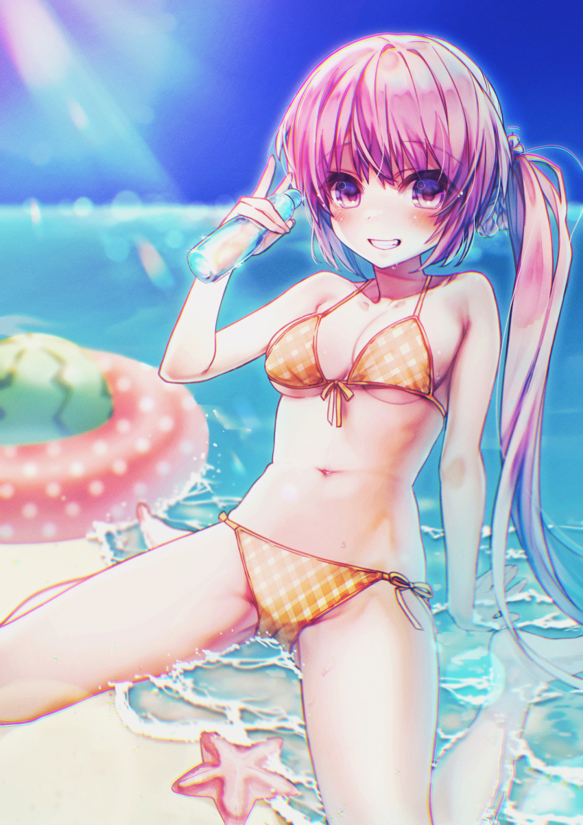1girl absurdres beach bikini bottle breasts highres horizon long_hair looking_at_viewer moe2024 natsuoto_rito ocean orange_bikini original partially_submerged plaid_bikini plaid_clothes polka_dot_innertube purple_eyes purple_hair ramune side_ponytail sitting small_breasts solo starfish swimsuit wariza