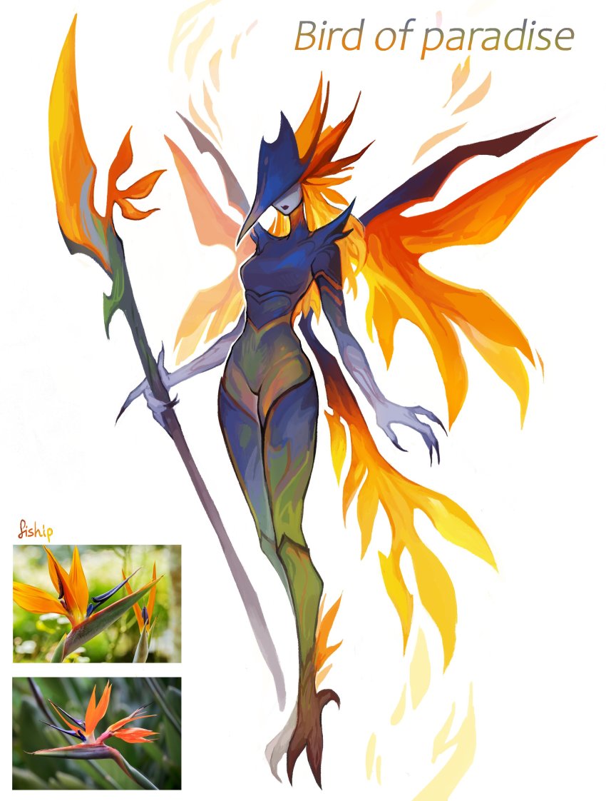 1girl absurdres bird_of_paradise_flower blue_skin bodysuit closed_mouth colored_skin creature_and_personification facing_viewer fewer_digits flower full_body halberd hat highres holding holding_polearm holding_staff holding_weapon long_hair matilda_fiship orange_hair original personification polearm solo staff standing talons weapon wings