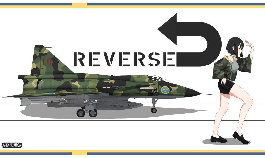 1girl aircraft airplane artist_name atamonica black_footwear black_hair black_shorts blush camouflage camouflage_jacket canards closed_eyes closed_mouth commentary crop_top english_text fighter_jet from_side green_jacket grey_shirt grey_tank_top hand_up highres jacket long_sleeves military_vehicle moonwalk multicolored_jacket open_clothes open_jacket original personification saab_viggen shirt short_hair short_shorts shorts smile solo sweden tank_top vehicle_and_personification vehicle_focus white_background