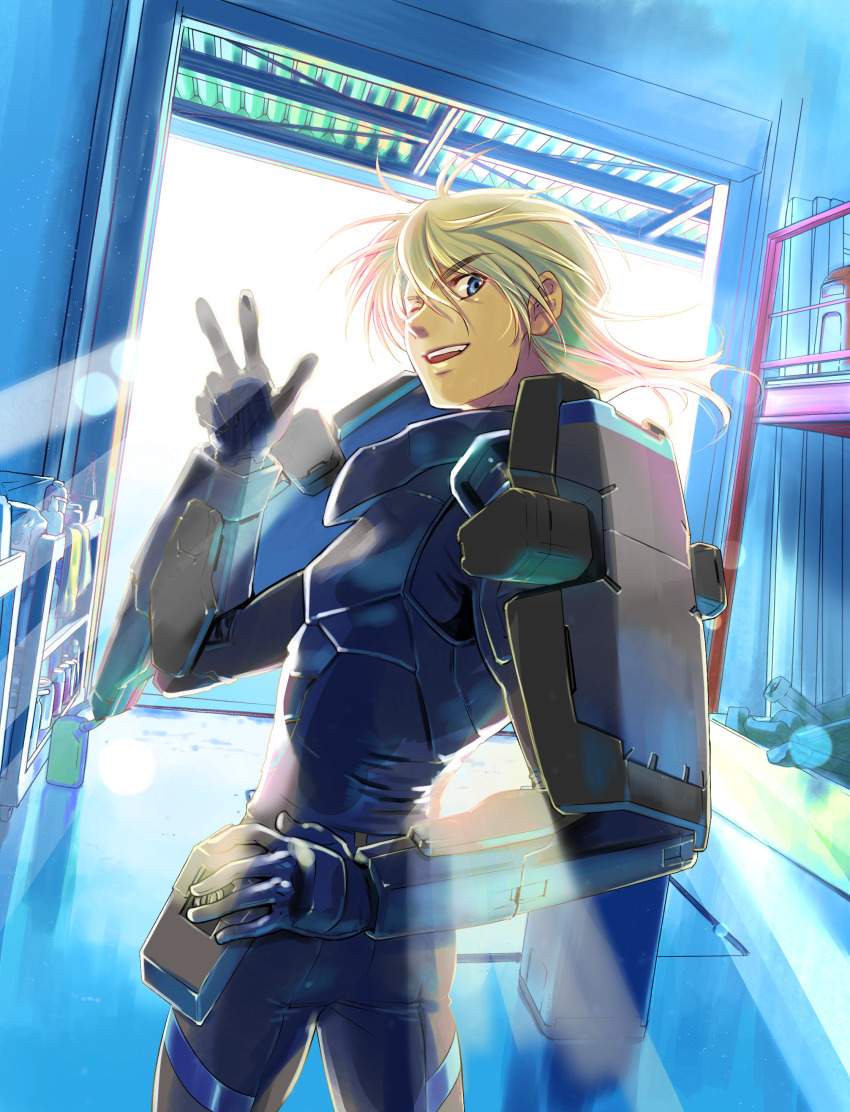 1boy absurdres armor black_gloves blonde_hair blue_eyes cosplay fantasia_re:build from_behind full_metal_panic! gloves hair_behind_ear hand_on_own_hip highres kurz_weber lens_flare looking_at_viewer looking_back m9_gernsback m9_gernsback_(cosplay) male_focus mecha_danshi official_art power_armor solo sunlight v v-shaped_eyebrows
