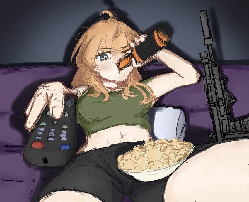 1girl absurdres ahoge ala_koli alcohol angled_foregrip assault_rifle beer beer_bottle black_shorts blonde_hair blue_eyes bottle bowl breasts brown_sports_bra chips_(food) controller couch drinking food glass_bottle gun hand_up highres holding holding_bottle holding_remote_control indie_virtual_youtuber large_breasts long_hair man_watching_tv_(meme) meme potato_chips remote_control rifle shorts sitting solo sports_bra suppressor virtual_youtuber weapon whiskey_project