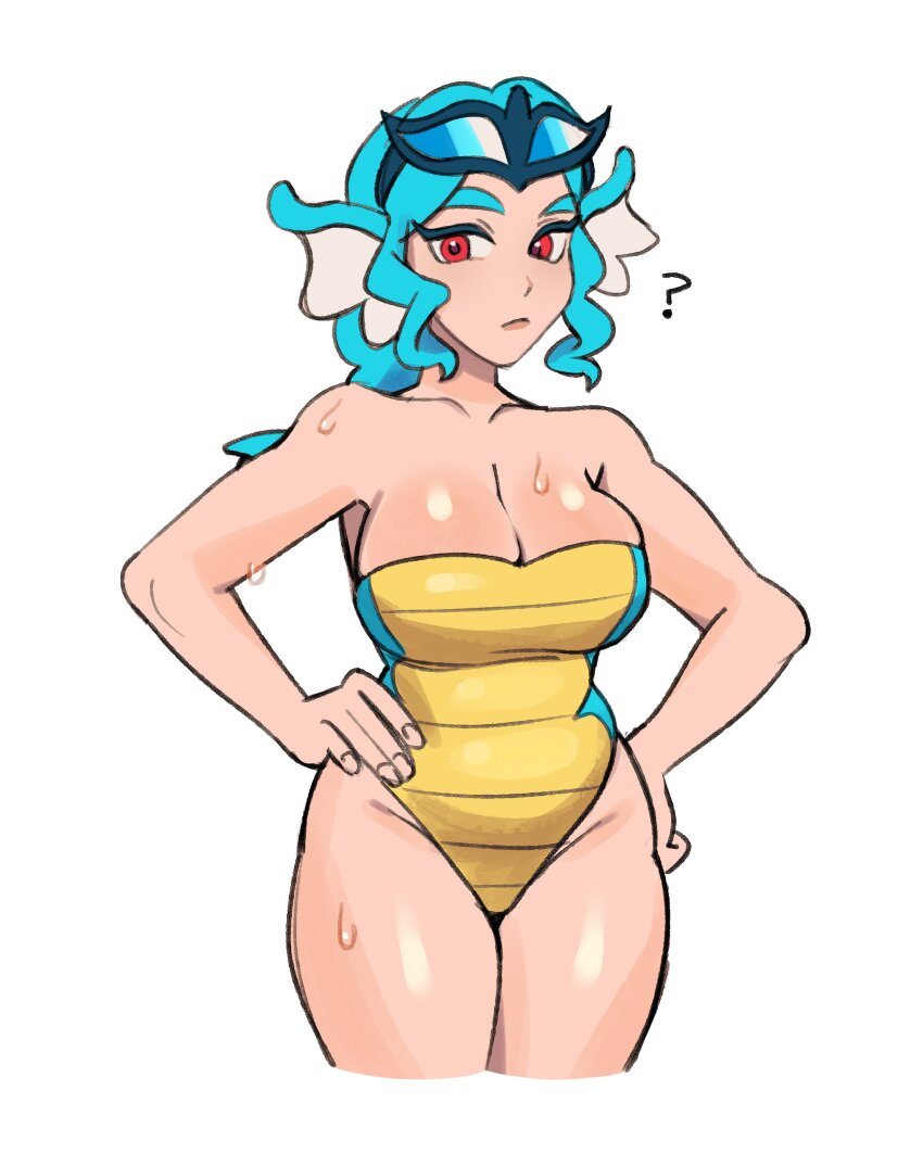 1girl ? absurdres bare_shoulders blue_hair blue_one-piece_swimsuit borrowed_character breasts cleavage cowboy_shot cropped_legs curvy expressionless fins gen_1_pokemon goggles goggles_on_head gyarados hands_on_own_hips head_fins highres itslyssalala large_breasts looking_at_viewer multicolored_swimsuit nintendo one-piece_swimsuit personification pokemon ponytail red_eyes ribbed_swimsuit simple_background solo strapless strapless_one-piece_swimsuit swimsuit wet white_background yellow_one-piece_swimsuit
