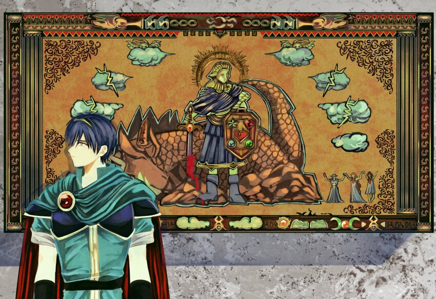 1boy absurdres ancestor_and_descendant armor bleeding blood blue_eyes blue_hair cape cloud dragon fire_emblem fire_emblem:_mystery_of_the_emblem halo highres holding instrument lightning marth_(fire_emblem) nintendo omlililimo painting_(object) picture_frame shield short_hair sword tiara trumpet upper_body weapon