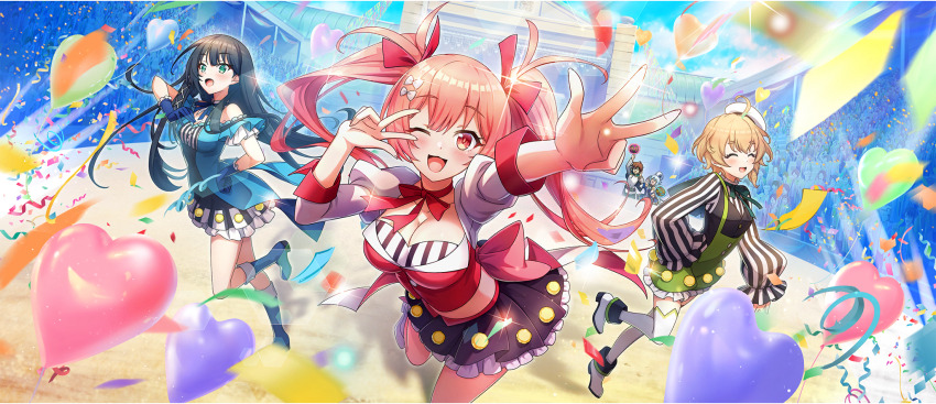 1boy 4girls :d ;3 ahoge aqua_(konosuba) balloon black_hair black_skirt blonde_hair blue_dress blue_gloves blue_hair bow breasts brown_hair cielo_(konosuba) cleavage closed_eyes collarbone confetti cropped_shirt crowd day double-parted_bangs double_w dress dress_shirt erika_(konosuba) framed_breasts frilled_skirt frills game_cg gloves green_eyes green_ribbon green_shorts hair_bow hair_ribbon hand_on_own_hip hands_up hat heart_balloon highres idol idol_clothes juliet_sleeves kono_subarashii_sekai_ni_shukufuku_wo! konosuba!_fantastic_days large_breasts lia_(konosuba) light_blush long_hair long_sleeves looking_at_viewer medium_breasts midriff miniskirt multiple_girls neck_ribbon off-shoulder_dress off_shoulder official_alternate_costume official_art one_eye_closed open_mouth pink_eyes pink_hair pink_ribbon pink_shirt pom_pom_(clothes) puffy_shorts puffy_sleeves ribbon satou_kazuma shirt short_dress short_hair shorts shrug_(clothing) sidelocks skirt small_breasts smile solo_focus stage standing standing_on_one_leg striped_clothes suspender_shorts suspenders thighhighs twintails vertical-striped_clothes very_long_hair vest w w_over_eye waistcoat wavy_hair white_bow white_hat white_shrug white_thighhighs