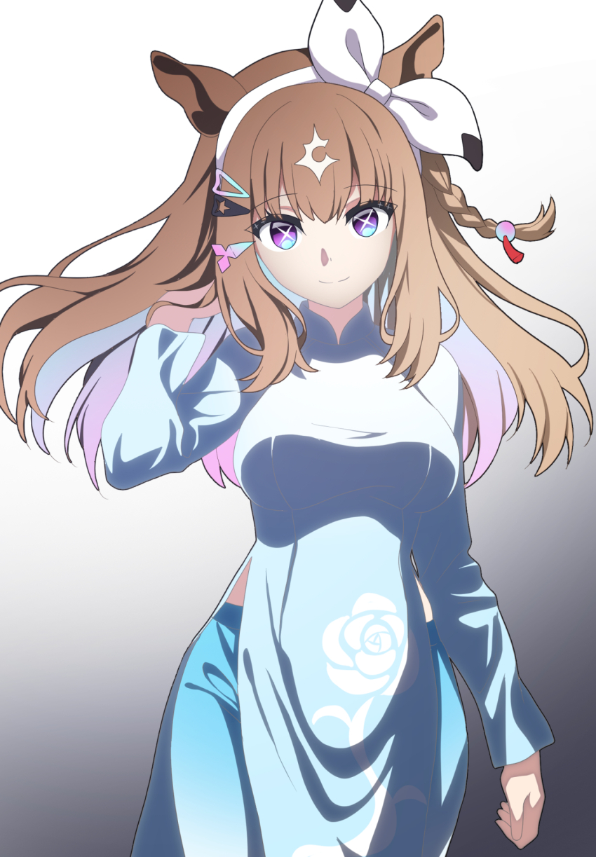 1girl almond_eye_(umamusume) alternate_costume animal_ears ao_dai blue_dress blue_eyes braid breasts brown_hair commentary dress floral_print floral_print_dress gradient_background grey_background hairband highres horse_ears horse_girl large_breasts looking_at_viewer medium_hair munmunmu print_dress single_braid solo umamusume white_hairband