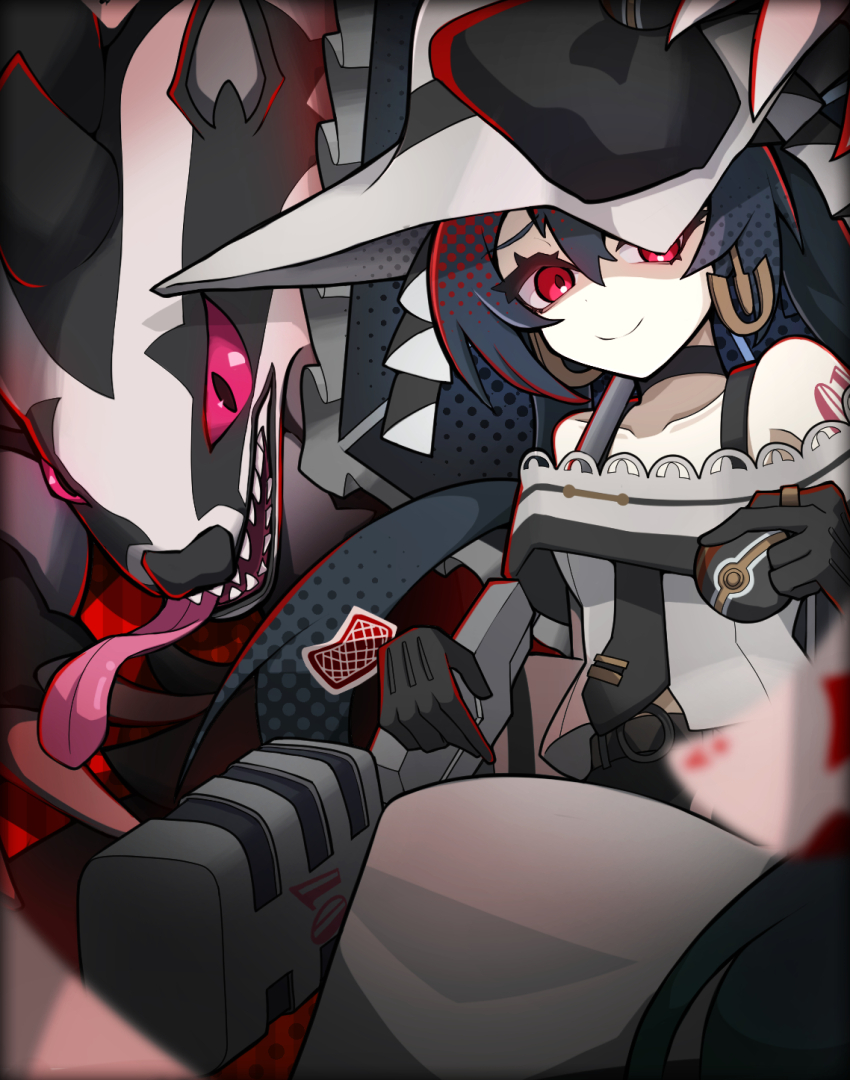 1girl belt black_belt black_choker black_gloves black_hair black_necktie choker closed_mouth dark_miku_(project_voltage) dress eyelashes gen_8_pokemon gloves hat hatsune_miku highres holding holding_poke_ball jewelry long_hair long_tongue luxury_ball microphone necktie nintendo obstagoon open_mouth poke_ball pokemon pokemon_(creature) project_voltage red_eyes ring sharp_teeth sitting smile tamaron0710 teeth tongue tongue_out vocaloid white_dress white_hat