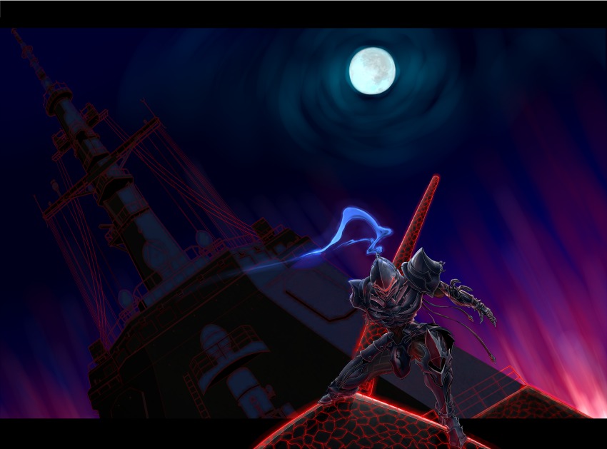 1boy armor battleship berserker_(fate/zero) fate/zero fate_(series) full_armor full_moon gomi_kushige helmet highres knight letterboxed male_focus military military_vehicle moon ship solo warship watercraft