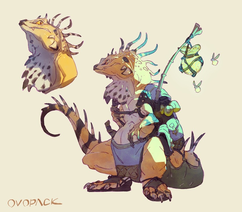 animal animal_focus artist_name backpack bag black_footwear clothed_animal commentary fang fang_out from_side full_body highres holding_strap iguana lamp looking_at_viewer multiple_views murayama_ryota no_humans original pelvic_curtain portrait pouch reptile sandals signature spikes tail toeless_footwear yellow_background yellow_eyes