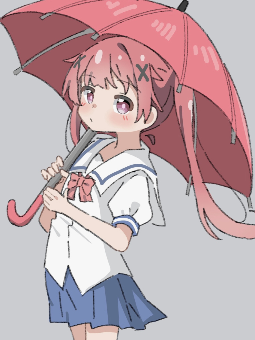 1girl blue_skirt grey_background hair_ornament highres holding holding_umbrella kapuru_0410 long_hair looking_at_viewer pleated_skirt puffy_sleeves school_uniform shirt short_sleeves skirt solo tanemura_koyori twintails umbrella watashi_ni_tenshi_ga_maiorita! white_shirt x_hair_ornament
