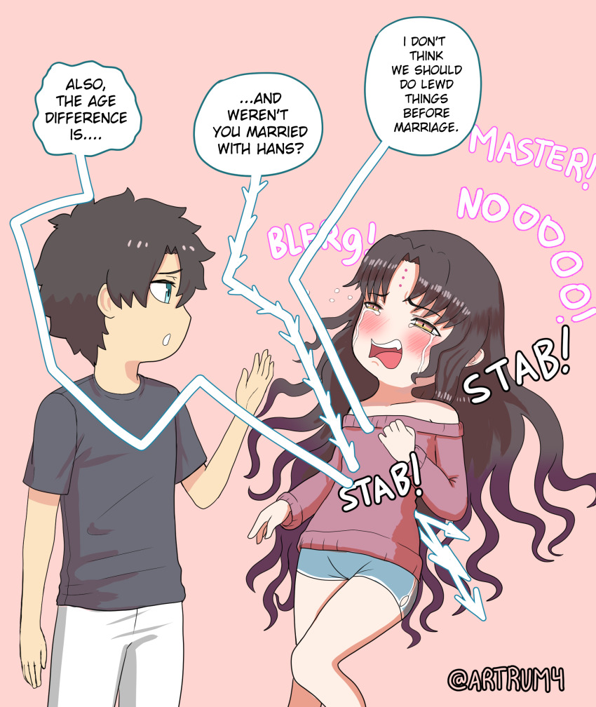 1boy 1girl artist_name artrum4 bare_shoulders black_hair black_shirt blue_eyes blue_shorts blush commentary crying crying_with_eyes_open english_commentary english_text facial_mark fate/grand_order fate_(series) fujimaru_ritsuka_(male) highres long_hair looking_at_another multicolored_hair open_mouth pants pink_background pink_sweater purple_hair sessyoin_kiara shirt short_hair short_shorts shorts simple_background speech_bubble sweater tears teeth twitter_username two-tone_hair upper_teeth_only white_pants yellow_eyes
