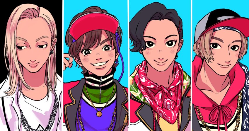 4boys abinofa aegyo_sal akanegakubo_ryoutarou asymmetrical_bangs bandana bandana_around_neck baseball_cap black_background black_eyes black_hair blonde_hair blue_background blue_shawl blush border brown_hair chain chain_necklace collarbone column_lineup curtained_hair dimple doutonbori_divers drawstring earrings gold_necklace grin hair_behind_ear hair_between_eyes hair_ornament hairpin half-closed_eyes hand_up hat head_tilt highres hood hood_down hoodie hypnosis_mic hypnosis_mic:_rule_the_stage jacket jersey jewelry lapels large_forehead layered_clothes looking_at_viewer looking_to_the_side male_focus medium_hair mole mole_on_neck multicolored_jacket multiple_boys multiple_hairpins necklace notched_lapels odd_one_out oogumo_danjyo parted_bangs popped_collar portrait red_bandana red_hoodie shawl short_hair smile straight_hair takanashi_haru_(hypnosis_mic:_rule_the_stage) thick_eyebrows thick_lips tied_drawstring track_jacket v-shaped_eyebrows visor_cap watamoto_hirotaka wavy_hair white_border white_jacket