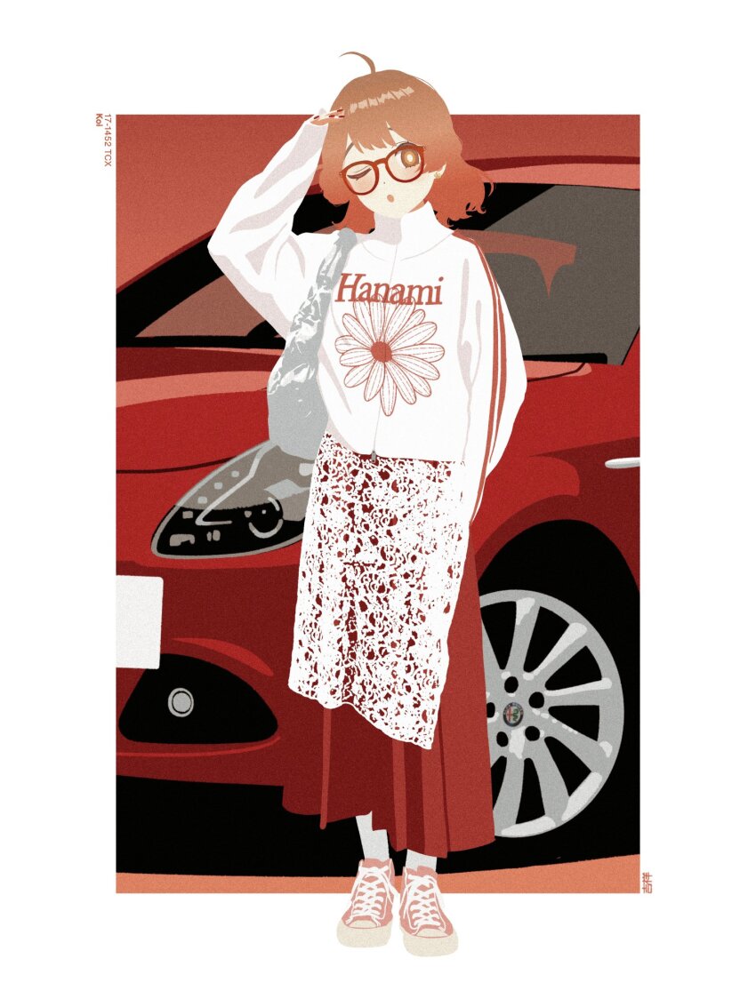 1girl ahoge border car full_body gakuen_idolmaster hanami_ume highres idolmaster kisshou_(georgie_san) long_skirt looking_at_viewer motor_vehicle one_eye_closed outside_border print_shirt red-framed_eyewear red_hair red_skirt red_theme shirt skirt solo standing white_border