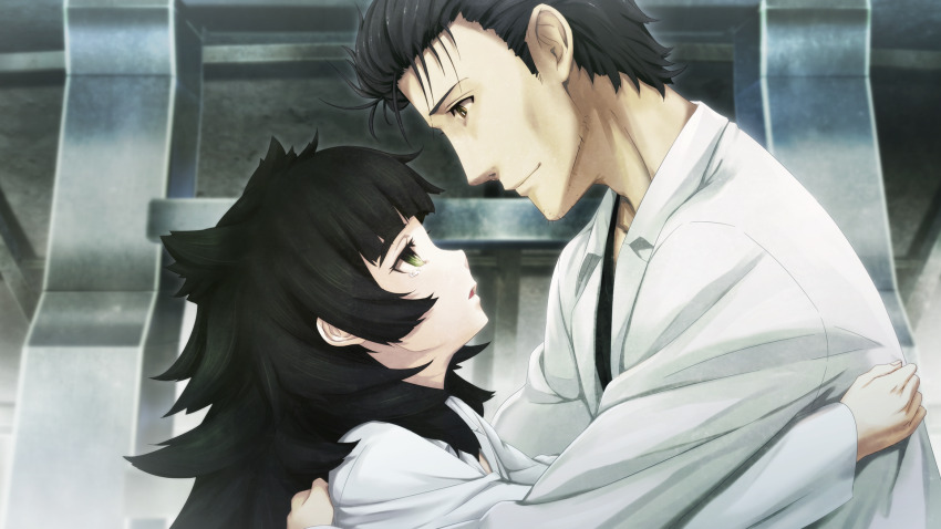 1boy 1girl beard_stubble black_hair black_shirt blunt_bangs collarbone couple crying ears_visible_through_hair facial_hair flat_chest game_cg goodbye green_eyes green_hair height_difference highres hiyajou_maho huke lab_coat lapels long_hair long_sleeves looking_down messy_hair narrowed_eyes nostrils notched_lapels official_art okabe_rintarou okabe_rintarou_(beta) open_mouth ringed_eyes sad shirt short_hair sideburns_stubble smile steins;gate steins;gate_0 stubble thick_eyebrows very_long_hair yellow_eyes