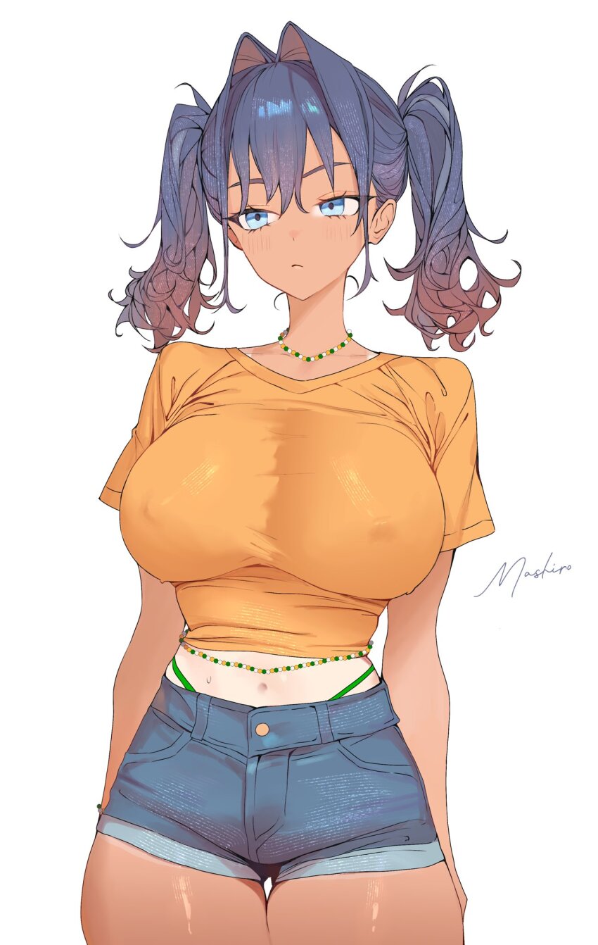 1girl bead_choker beads blue_eyes blue_hair brazilian_miku breasts covered_erect_nipples dark_skin hair_intakes hatsune_miku highres hololive hololive_english jewelry large_breasts mashiro_www midriff navel necklace ouro_kronii shirt short_shorts shorts signature solo tan tanline twintails virtual_youtuber white_background yellow_shirt