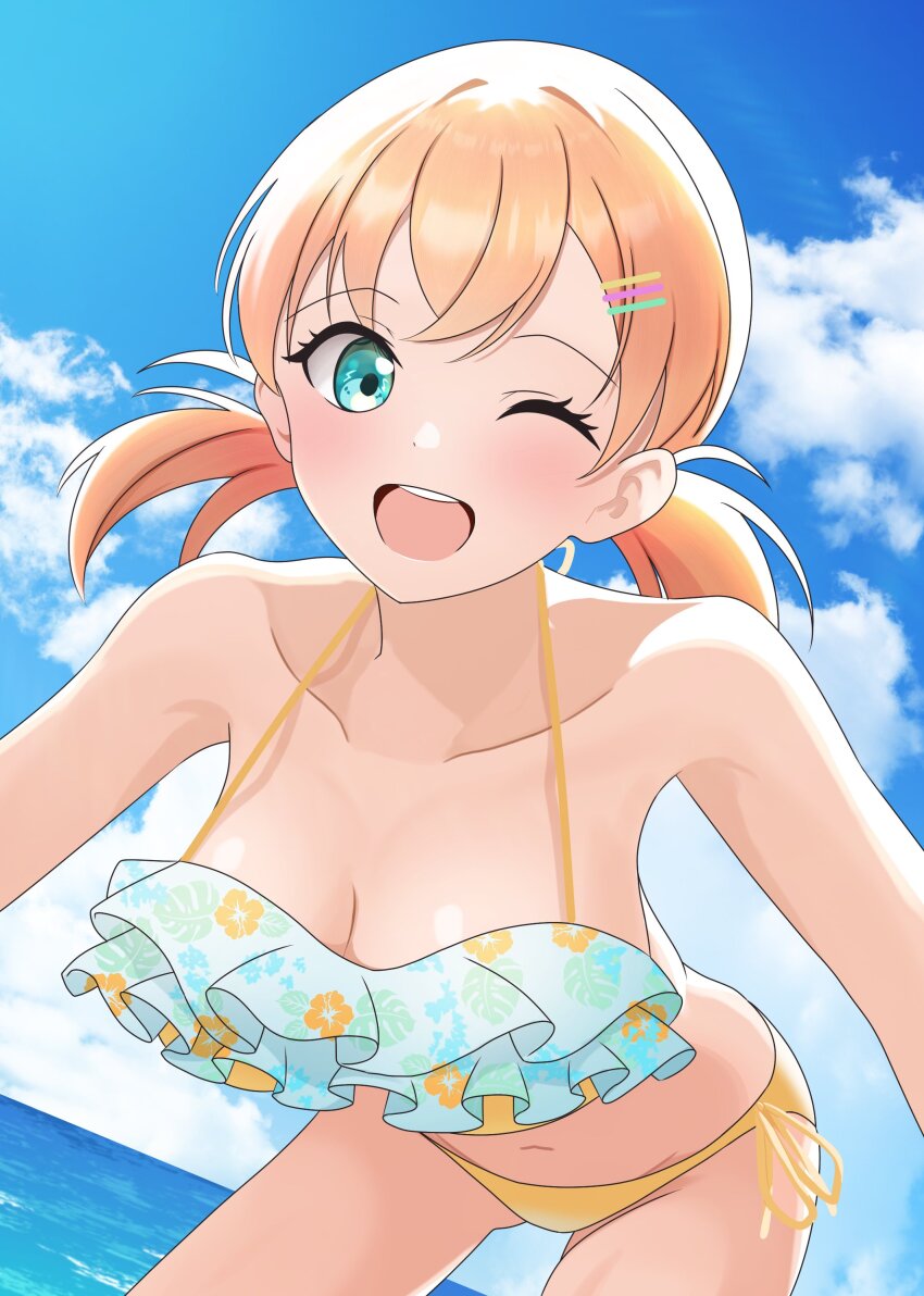 1girl ;d absurdres aokiotemoto bare_shoulders bent_over bikini blue_bikini breasts cleavage collarbone commentary cowboy_shot dutch_angle floral_print floral_print_bikini frilled_bikini frills hair_ornament hairclip highres hinoshita_kaho hinoshita_kaho_(swimsuit) large_breasts link!_like!_love_live! looking_at_viewer love_live! low_twintails medium_hair mismatched_bikini navel official_alternate_costume one_eye_closed open_mouth orange_hair parallel_hairclips print_bikini ruffle_bikini short_twintails smile solo strap_gap string_bikini swimsuit teeth twintails upper_teeth_only virtual_youtuber