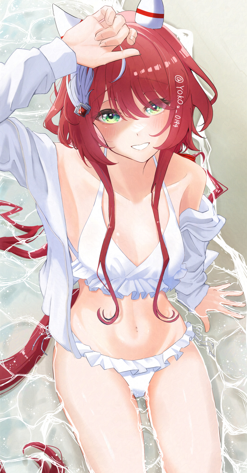 1girl absurdres alternate_costume arm_up armpits beach bikini breasts cleavage collarbone commentary_request frilled_bikini frills green_eyes hair_between_eyes hair_ornament highres horse_girl looking_at_viewer low_twintails navel ocean rbxlaifjzlilxep red_hair small_breasts swimsuit twintails umamusume win_variation_(umamusume)
