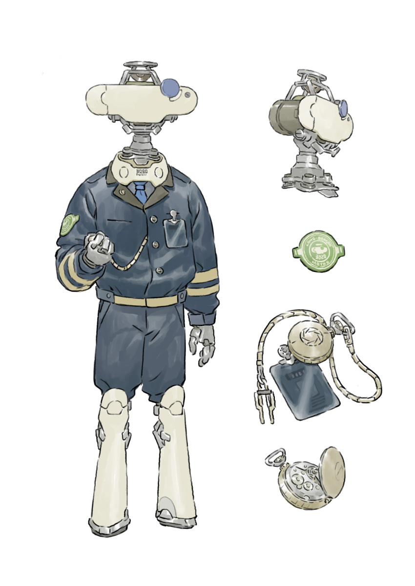 1boy absurdres arm_at_side blue_jacket blue_necktie blue_shorts chenrong96 full_body highres holding holding_pocket_watch humanoid_robot jacket long_sleeves male_focus multiple_views necktie original pocket_watch robot shorts simple_background standing watch white_background